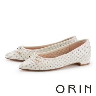 【ORIN】真皮簍空蝴蝶結點綴尖頭平底鞋(米色)