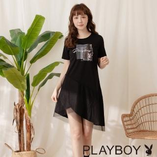 【PLAYBOY】修身裙襬拼接網紗洋裝(黑色)