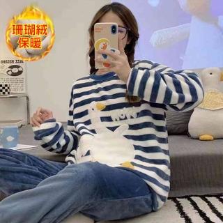 【K.W.】現貨韓國專櫃品質鴨鴨珊瑚絨保暖套裝(保暖 洋裝 超暖禦寒 加絨 共1色)