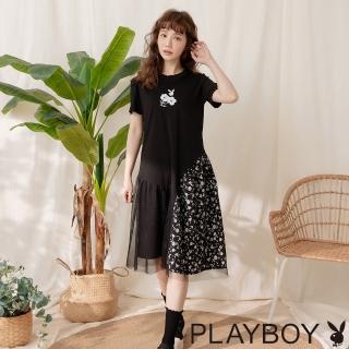 【PLAYBOY】修身裙襬網紗碎花洋裝(黑色)