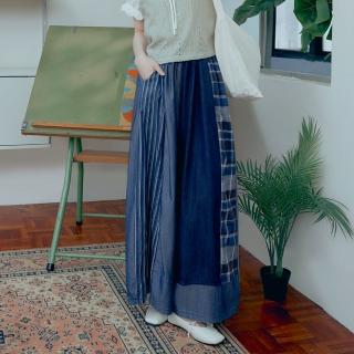【OB 嚴選】日系純棉不對稱直條拼格鬆緊腰牛仔寬褲 《BA7702》