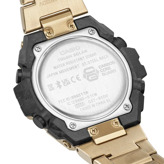 【CASIO 卡西歐】G-SHOCK 全重金屬打造八角防護構造太陽能藍牙雙顯錶-金X黑面(GST-B500GD-9A)