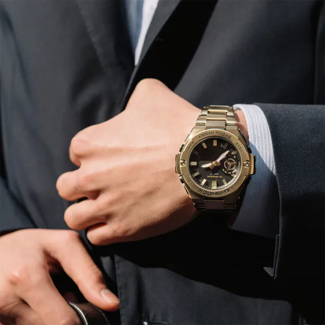 【CASIO 卡西歐】G-SHOCK 全重金屬打造八角防護構造太陽能藍牙雙顯錶-金X黑面(GST-B500GD-9A)