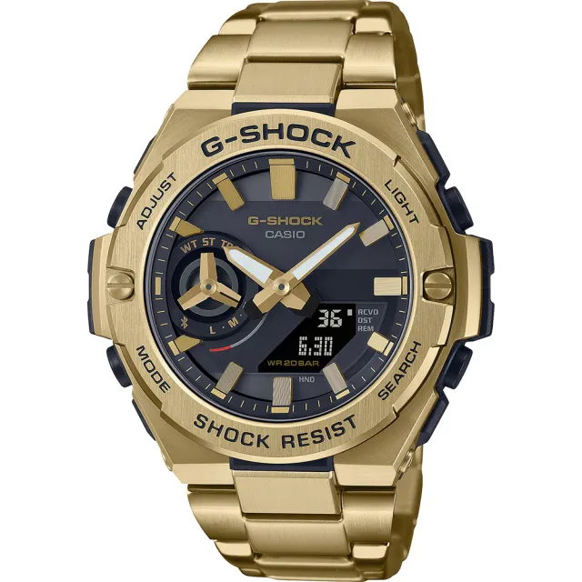 【CASIO 卡西歐】G-SHOCK 全重金屬打造八角防護構造太陽能藍牙雙顯錶-金X黑面(GST-B500GD-9A)