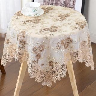 【JEN】法式田園風蕾絲刺繡咖啡色餐桌巾桌布蓋布115*115cm