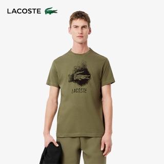 【LACOSTE】男裝-快乾圖案印花運動短袖T恤(卡其綠)