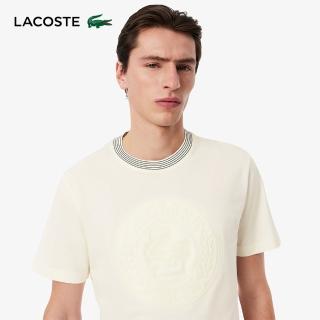 【LACOSTE】男裝-撞色條紋領口針織短袖T恤(白色)