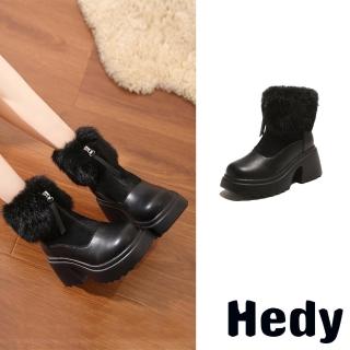 【Hedy】厚底短靴 粗跟短靴/潮流毛絨拼接前拉鍊設計厚底粗跟短靴(黑)