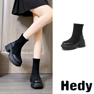 【Hedy】厚底短靴 粗跟短靴/復古異材質拼接絨面百搭厚底粗跟短靴(黑)