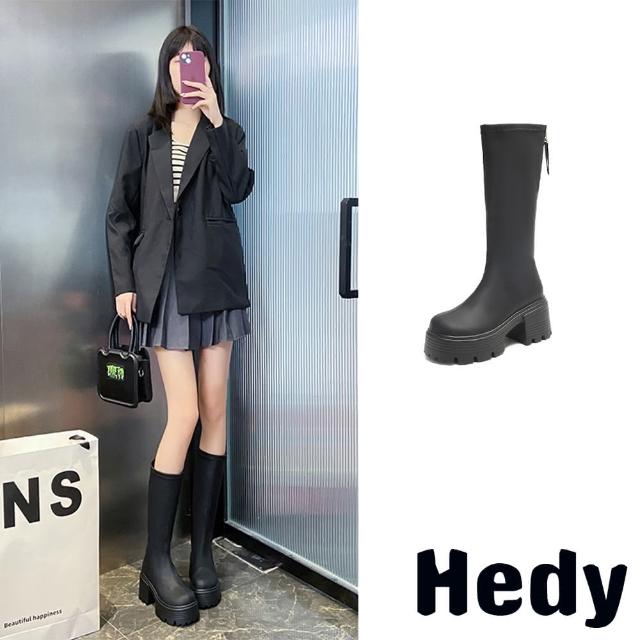 【Hedy】厚底長靴 粗跟長靴/純色百搭美腿修飾厚底粗跟長靴(黑)