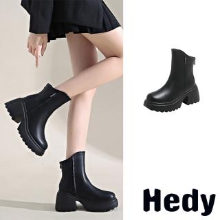 【Hedy】厚底短靴 粗跟短靴/美腿直腿修飾效果個性厚底粗跟短靴(黑)