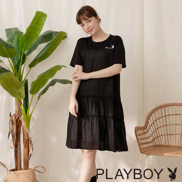 【PLAYBOY】假兩件水墨花蛋糕洋裝(黑色)