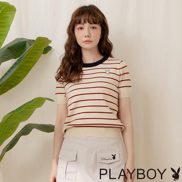 【PLAYBOY】休閒條紋短版針織上衣(紅色)