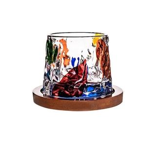 【Wo Home】樹紋撞色不倒翁旋轉酒杯 帶木託創意手繪玻璃杯 150 ml(酒吧解壓洋酒轉轉杯)