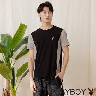 【PLAYBOY】流線花紗拼接圓領上衣(黑色)