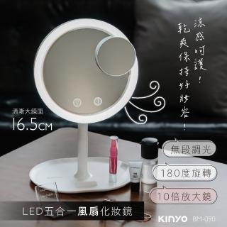 【KINYO】LED五合一化妝燈鏡(化妝鏡、補光燈、風扇、手機立架、置物架BM-090)