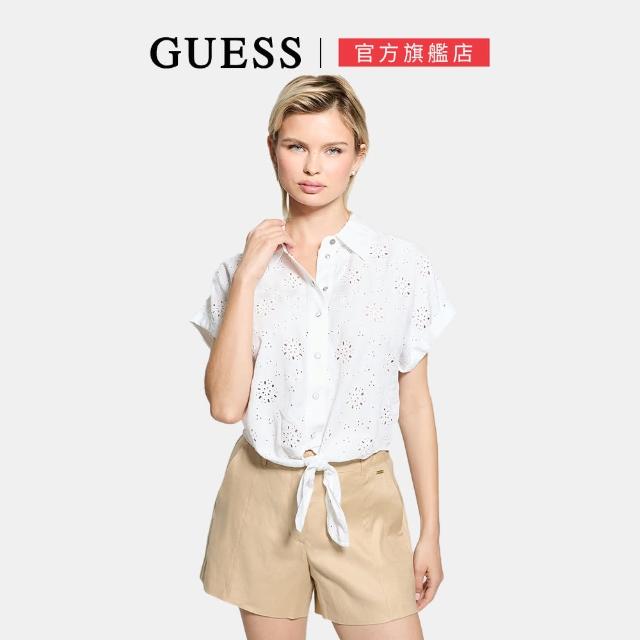 【GUESS】網眼扭結收腰短袖襯衫(白色)