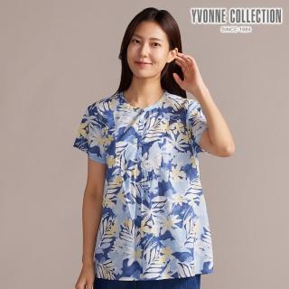 【YVONNE 以旺傢飾】棉麻暈染印花半開襟短袖上衣-海島藍