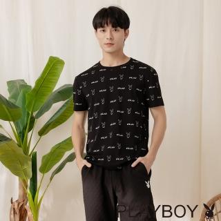 【PLAYBOY】天絲滿版印花圓領上衣(黑色)
