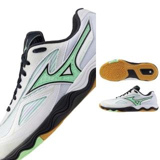【MIZUNO 美津濃】WAVE MEDAL 7 男款 寬楦 桌球鞋(81GA241531 白 綠 黑 高止滑橡膠 室內運動鞋)