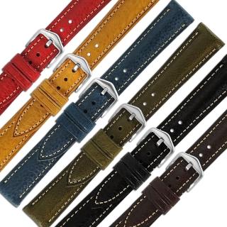 【Watchband】18.20.22mm / 各品牌通用 細緻柔軟 百搭款 白線 牛皮錶帶(黑/深咖啡/藍/綠/黃/紅色)