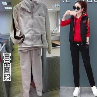 【K.W.】現貨明星款天真模樣溫差防寒休閒運動套裝(保暖 運動套裝 連帽外套 戶外 運動 共2色)