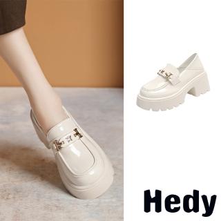【Hedy】厚底樂福鞋 粗跟樂福鞋/時尚蝴蝶造型一字帶厚底粗跟樂福鞋(白)