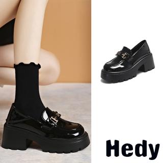 【Hedy】厚底樂福鞋 粗跟樂福鞋/時尚蝴蝶造型一字帶厚底粗跟樂福鞋(黑)