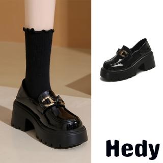 【Hedy】厚底樂福鞋 粗跟樂福鞋/復古雙D蝴蝶一字帶設計厚底粗跟樂福鞋(黑)
