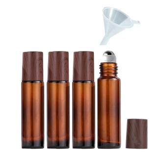 【野思】避光茶色透明4入+1小漏斗 10ml玻璃滾珠瓶組 精油瓶(質感仿木紋蓋)
