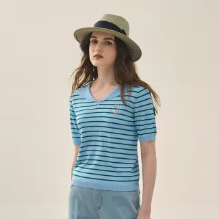 【ILEY 伊蕾】條紋水手領縲縈針織上衣(淺藍；M-XL；1251515004)
