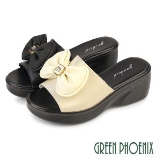 【GREEN PHOENIX 波兒德】女鞋 拖鞋 厚底拖鞋 楔型拖鞋 蝴蝶結 輕量 吸震減壓 真皮(米色、黑色)