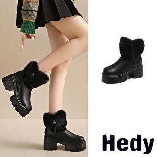 【Hedy】厚底短靴 粗跟短靴/潮流毛絨拼接設計厚底粗跟短靴(黑)