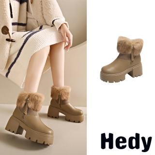 【Hedy】厚底短靴 粗跟短靴/潮流毛絨拼接設計厚底粗跟短靴(卡其)