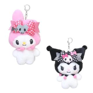 【小禮堂】Sanrio 三麗鷗 絨毛玩偶收納包附扣環 粉黑派對 美樂蒂 酷洛米(平輸品)