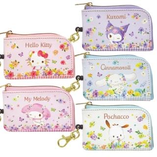 【小禮堂】Sanrio 三麗鷗 皮質伸縮鑰匙零錢包 花卉款 Kitty 美樂蒂 帕恰狗(平輸品)
