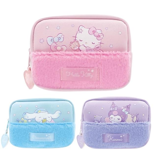 【小禮堂】Sanrio 三麗鷗 絨毛拼接化妝包 睡衣款 Kitty 大耳狗 酷洛米(平輸品)