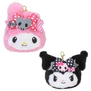 【小禮堂】Sanrio 三麗鷗 絨毛大臉造型伸縮票卡包 粉黑派對 美樂蒂 酷洛米(平輸品)