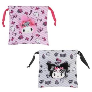 【小禮堂】Sanrio 三麗鷗 絨毛大臉造型束口收納包 粉黑派對 美樂蒂 酷洛米(平輸品)
