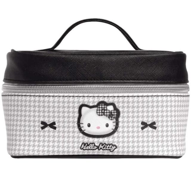 【小禮堂】Sanrio 三麗鷗 Hello Kitty 皮質手提化妝包 黑白千鳥格(平輸品)