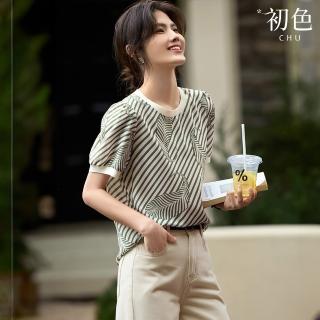 【初色】通勤風條紋印花撞色拼接寬鬆圓領短袖T恤上衣女上衣-綠色條紋-35317(M-3XL可選)
