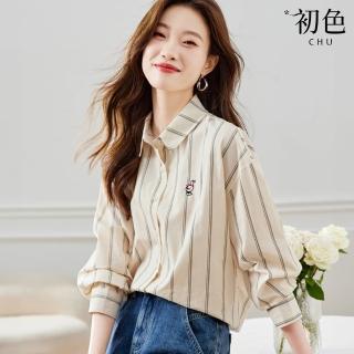 【初色】休閒簡約豎條紋寬鬆迷你刺繡翻領長袖襯衫上衣女上衣-杏米色-11070(M-3XL可選)