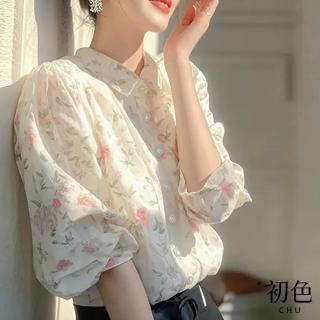 【初色】法式娃娃領復古印花寬鬆七分袖單排釦襯衫上衣女上衣-白色-10993(M-2XL可選)
