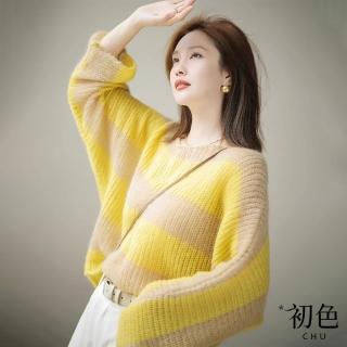 【初色】慵懶風圓領寬條紋長袖鏤空透膚針織衫上衣女上衣-黃色-11003(F可選)