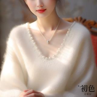 【初色】氣質風釘珠V領純色仿羊絨長袖毛衣針織衫上衣女上衣-米白色-10998(F可選)