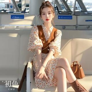 【初色】純色V領無袖馬甲女背心+碎花印花翻領長袖中長裙連身洋裝套裝-花裙咖色馬甲-10921(M-XL可選)