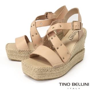 【TINO BELLINI 貝里尼】西班牙草編鉚釘設計楔型涼鞋(米色)
