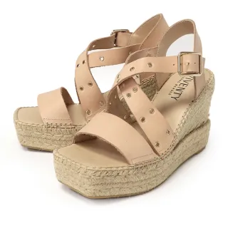 【TINO BELLINI 貝里尼】西班牙草編鉚釘設計楔型涼鞋(米色)