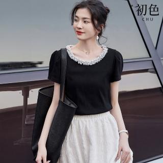 【初色】氣質風蕾絲拼接圓領短袖T恤上衣女上衣-黑色-11064(M-3XL可選)