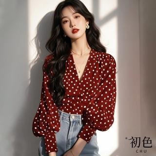 【初色】港風復古V領波點印花公主袖長袖雪紡衫上衣女上衣-紅色-10959(M-2XL可選)